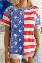 Stripe American Flag Print Distressed Crew Neck T Shirt