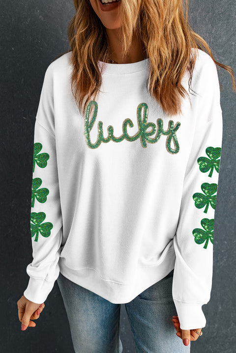 White Sequin lucky Lettering Clover Patched Sleeve Drop Shoulder Sweatshirt