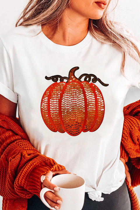 White Sequined Thanksgiving Pumpkin Graphic Cuffed Sleeve T Shirt