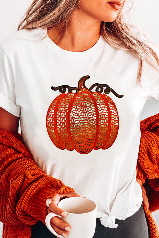 White Sequined Thanksgiving Pumpkin Graphic Cuffed Sleeve T Shirt