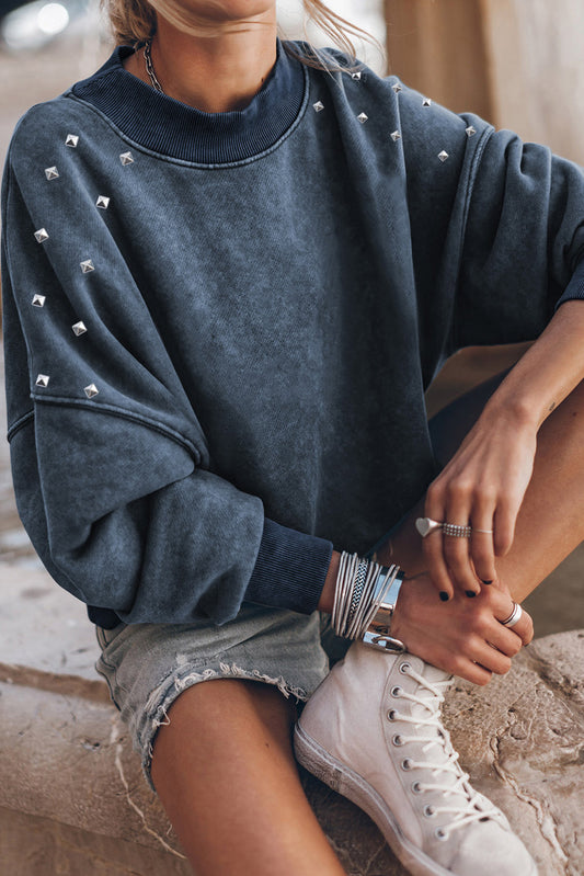 Sky Blue Beads Stud Drop Shoulder Loose Sweatshirt