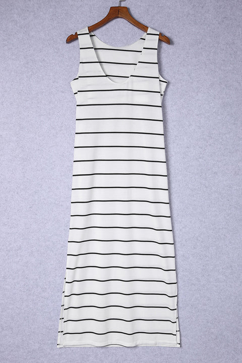 Stripe Print Open Back Sleeveless Maxi Dress with Slits