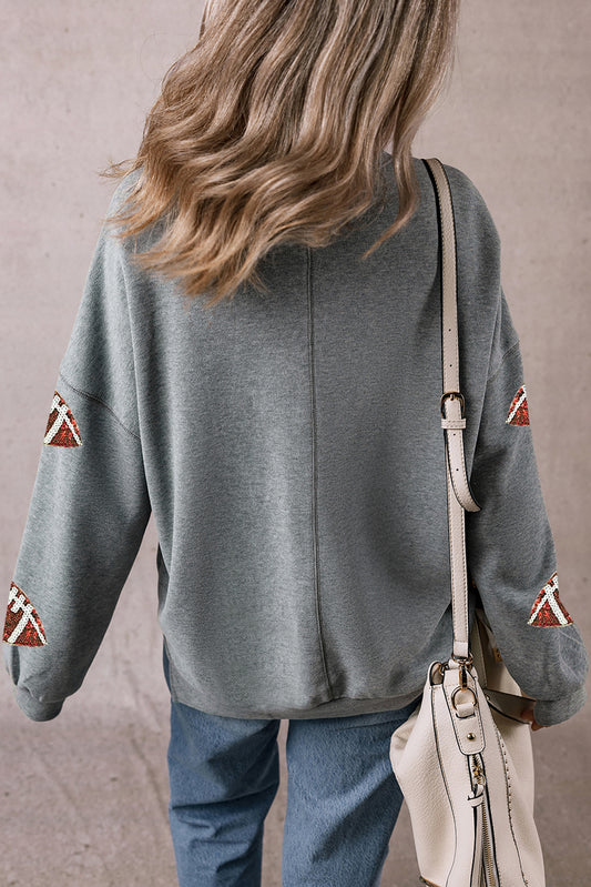 Medium Grey Sequin Rugby Pattern Drop Shoulder Pullover Sweatshirt