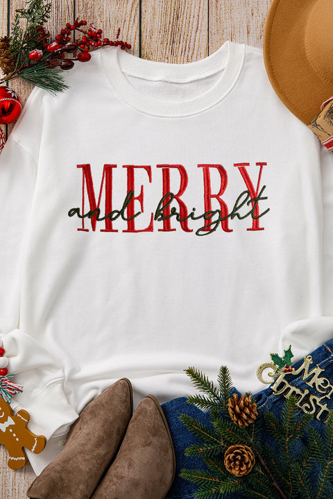 Beige MERRY and bright Embroidered Letter Graphic Sweatshirt