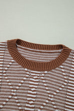 Brown Stripe Geometric Textured Drop Shoulder Sweater