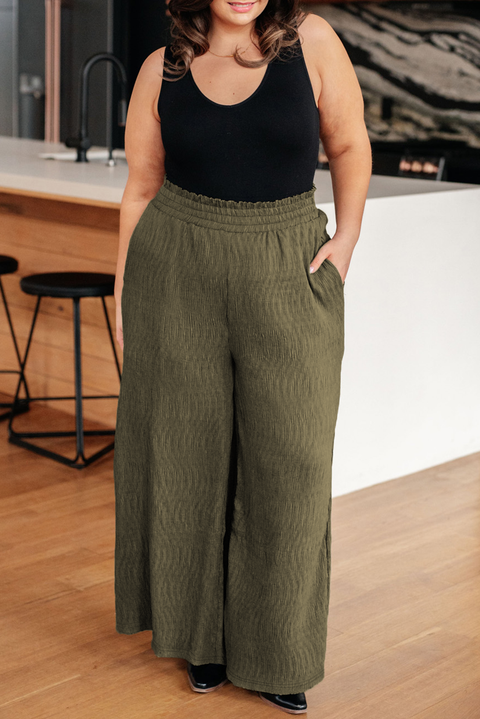 Jungle Green Plus Size Textured Shirred High Waist Casual Pants