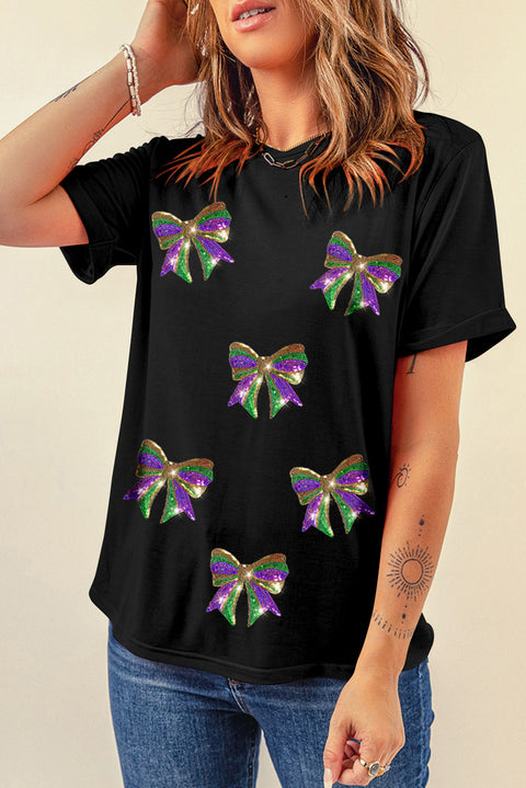 Black Sequin Mardi Gras Bow Graphic Crewneck Tee