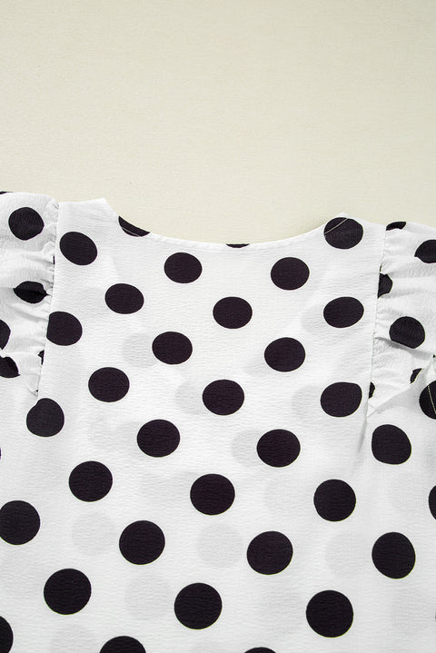 White Polka Dot Print Ruffled Sleeve V Neck Blouse