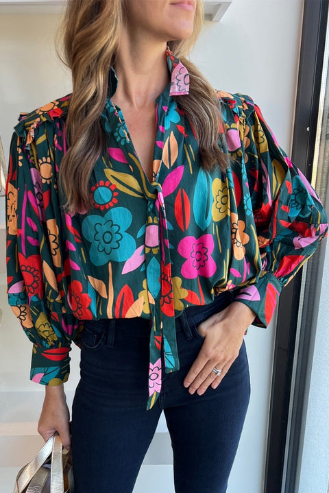 Green Floral Knot Split Neck Puff Sleeve Blouse