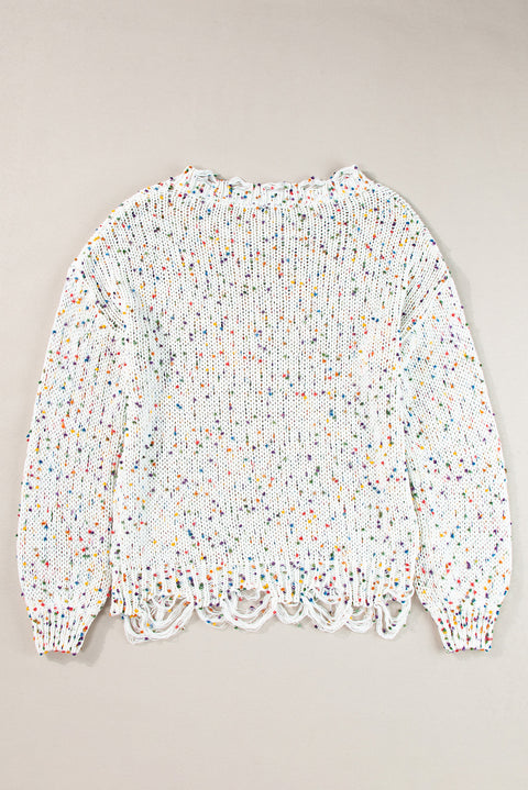 White Colorful Confetti Distressed Knit Sweater