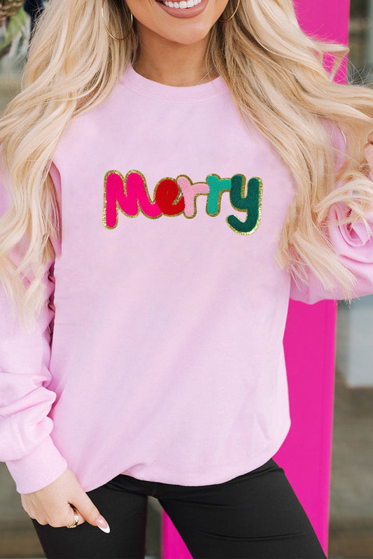 Pink Chenille Merry Graphic Christmas Sweatshirt