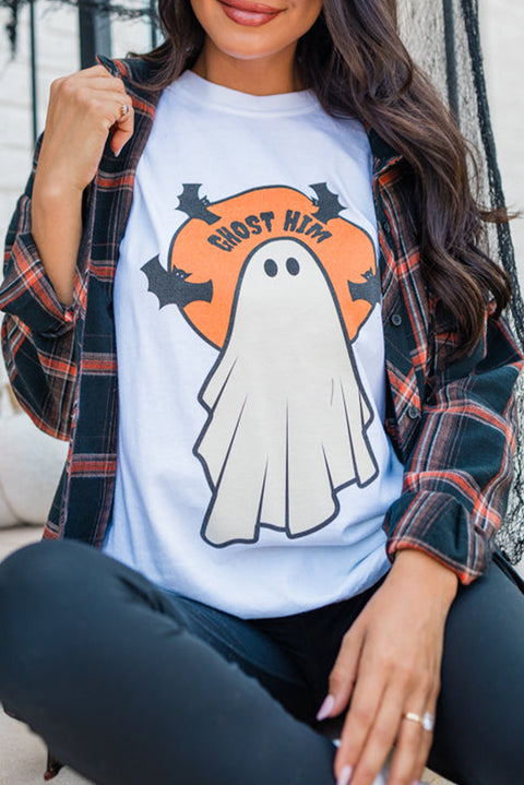 White GHOST HIM Bat Graphic Crewneck Halloween T Shirt