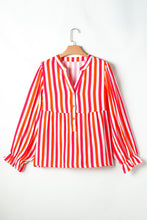 Orange Stripe Balloon Sleeve Notched V Neck Buttoned Front Blouse