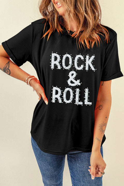 Black ROCK & ROLL Graphic Crew Neck Tee