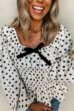 Black Polka Dot Puff Sleeve Bow Square Neck Peplum Top