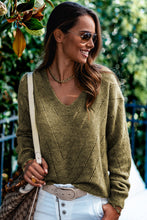 Sage Green Solid Eyelet Drop Shoulder V Neck Sweater