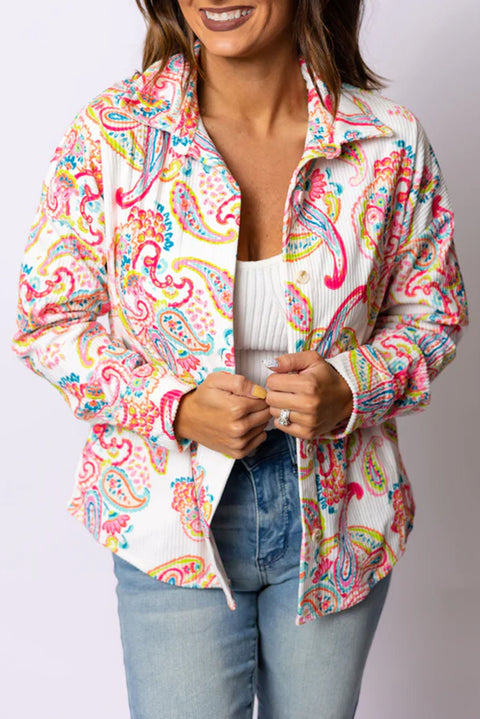 White Paisley Pattern Print Buttoned Corduroy Shacket