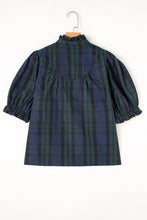 Green Stripe Plaid Puff Sleeve Frilled Trim Elegant Blouse