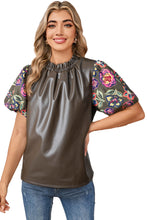 Four Leaf Clover Floral Bubble Sleeve Patchwork Leatherette Frilled Round Neck Blouse