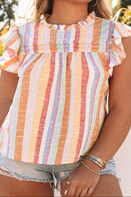 Multicolor Striped Color Block Ruffled O-neck Sleeveless Top