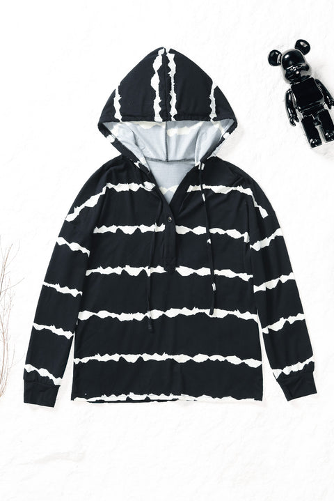 Striped Drawstring Button Long Sleeve Hoodie