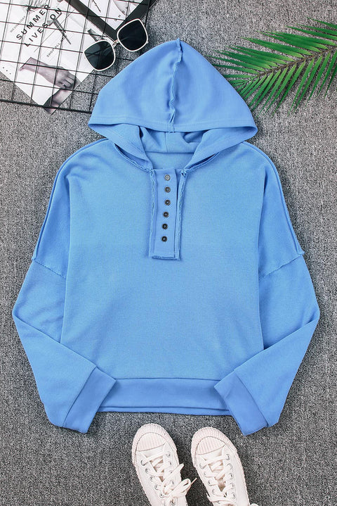 Casual Button Solid Patchwork Trim Hoodie