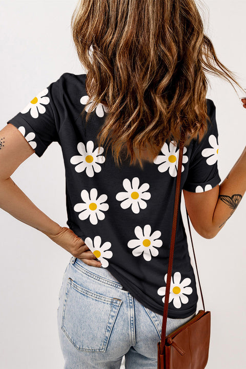 Black Daisy Printed Crewneck T Shirt