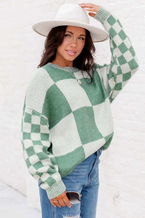 Flaxen Checkered Print Drop Shoulder Sweater