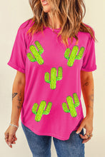 Rose Red Western Sequin Cactus Round Neck Graphic T Shirt