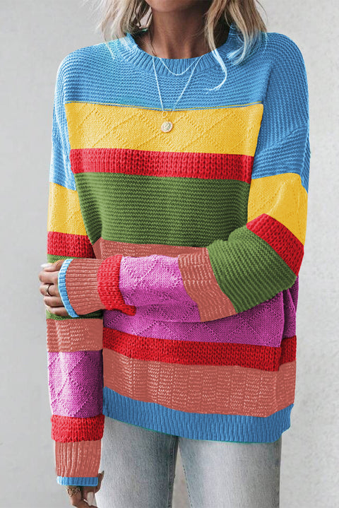 Light Blue Colorblock Mixed Textured Drop Shoulder Sweater