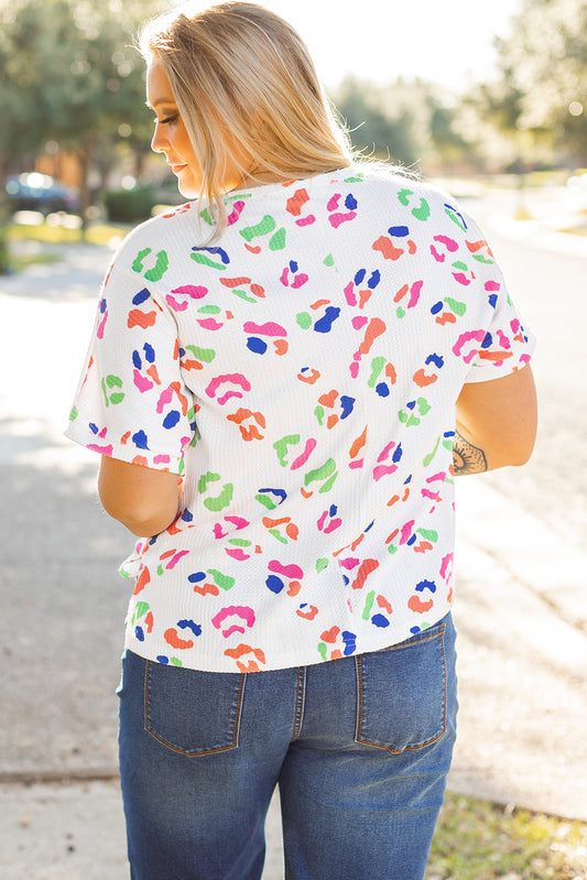 White Multicolor Leopard Print Textured Plus Size T Shirt