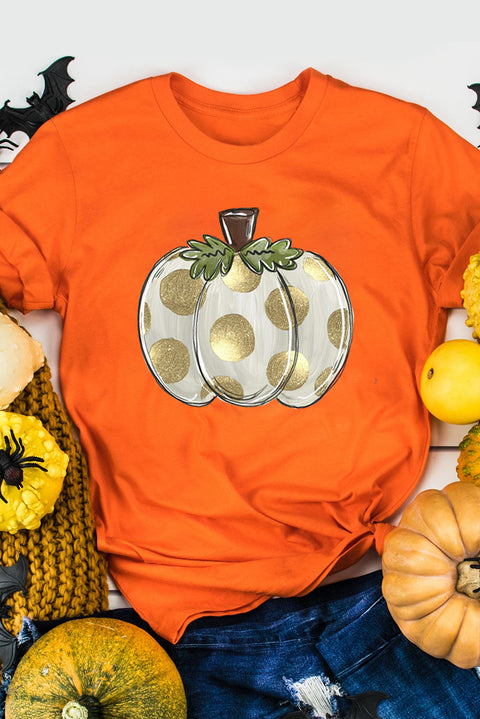 Orange Thanksgiving Pumpkin Pattern Crew Neck Short Sleeve Top