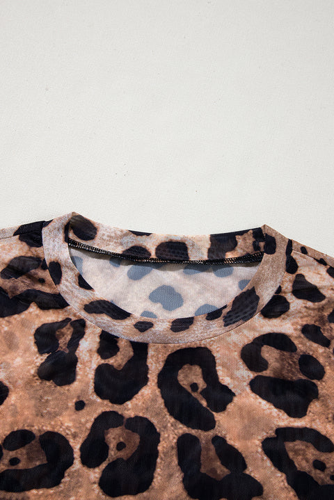 Brown Leopard Round Neck Long Sleeve Slim Top