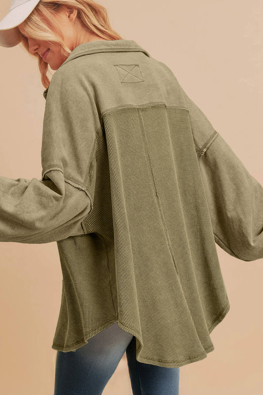 Moss Green Waffle Knit Patchwork Exposed Seam Loose Shacket