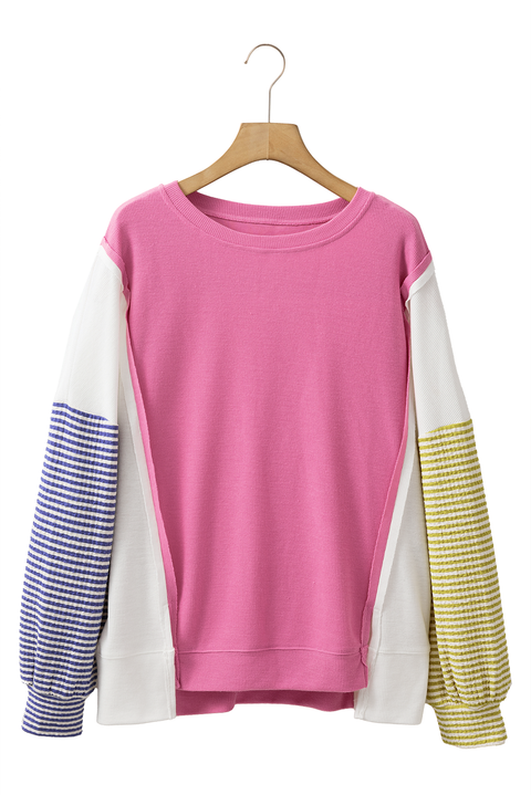 Sachet Pink Exposed Seam Striped Color Block Patchwork Long Sleeve Top