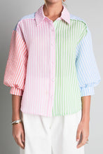 Pink Stripe Color Block Balloon Sleeve Buttoned Loose Fit Shirt