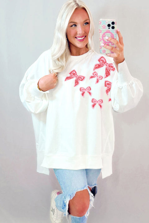 White Sequin Bowknot High Low Oversize Sweatshirt