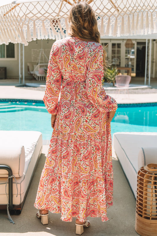 Boho Holiday Paisley Print Tiered Long Sleeve Maxi Dress