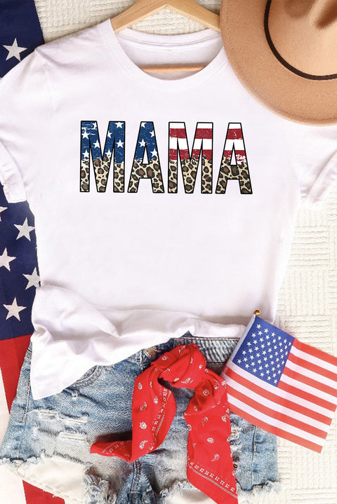 White MAMA Flag Leopard Letter Graphic Cotton T Shirt