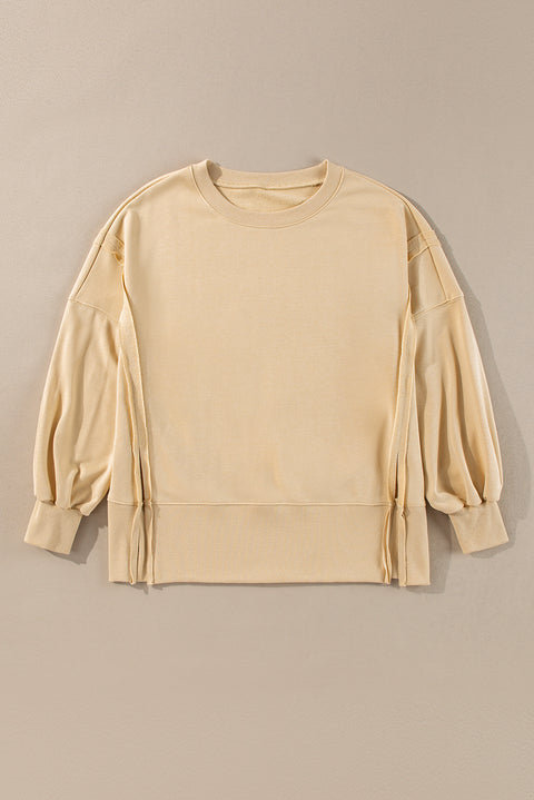 Light French Beige Exposed Seam Drop Shoulder Round Neck Sweatshirt with Slits