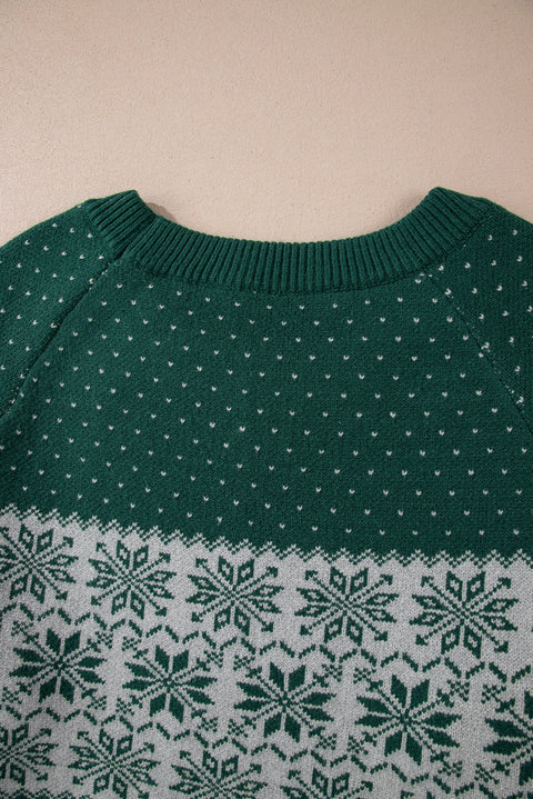 Green Christmas Snowflake Pattern Drop Shoulder Plus Size Sweater