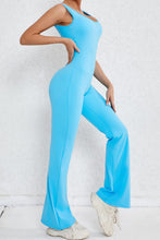 Sky Blue Solid Cut Out Backless Wide Leg Yoga Jumpsuit