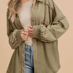 Moss Green Waffle Knit Patchwork Buttoned Oversized Shacket