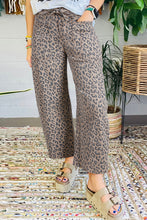 Khaki Leopard Printed Drawstring Waist Pocketed Wide Leg Jeans