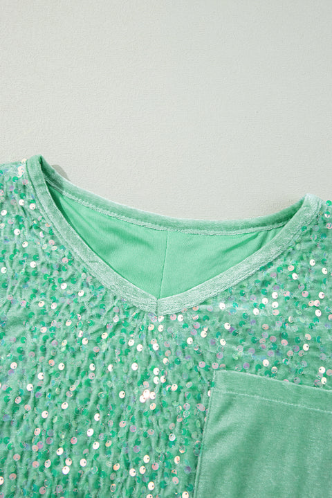 Moonlight Jade Sequin Batwing Sleeve V Neck Velvet Blouse