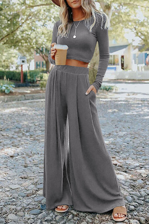 Solid Color Ribbed Crop Top Long Pants Set