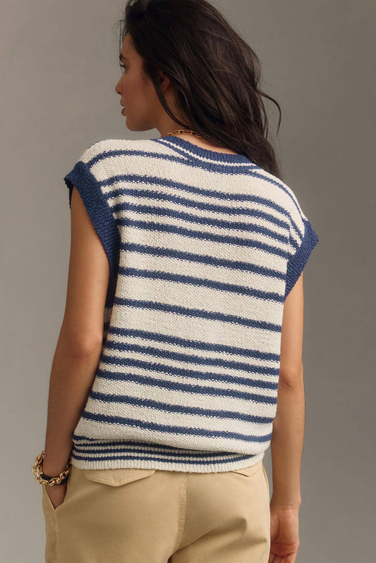 Blue Stripe Loose Buttoned V Neck Sweater Vest