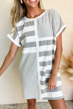 Gray Stripe Mixed Printed Short Sleeve Shift Mini T Shirt Dress