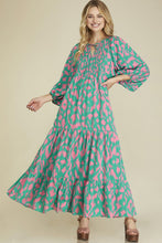 Green Abstract Print Puff Sleeve Tied Notched Neck Long Dress