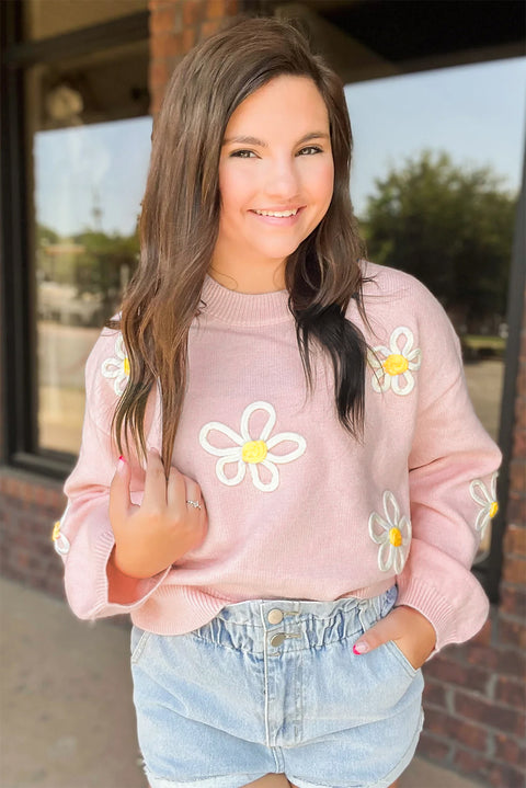 Pink Chenille Daisy Stitching Crew Neck Sweater